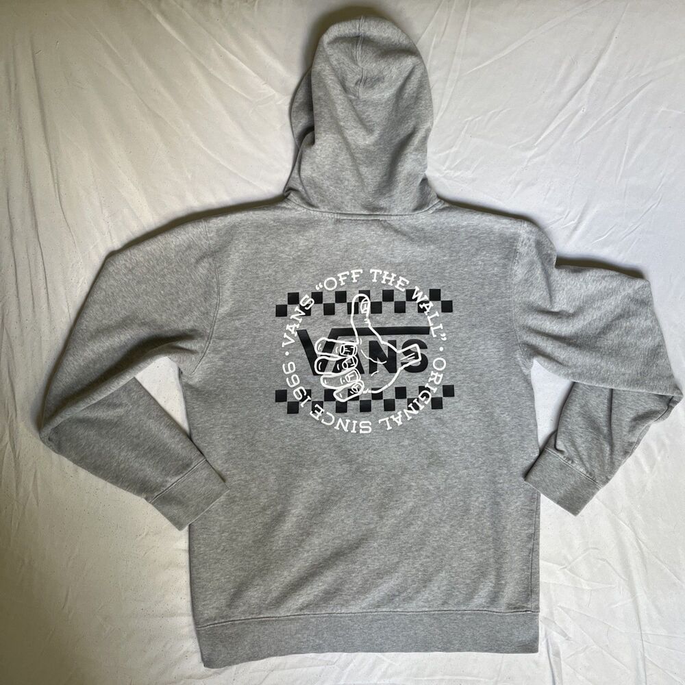 VANS Off The Wall Skater Gray Graphic Hoodie Mens M Thumbs Up Checkerboard Skate